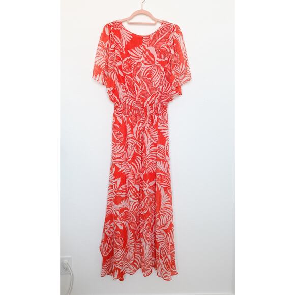 CeCe Floral Tropical Printed V-Neck Smocked Maxi Dress Orange Size Large - Picture 8 of 11